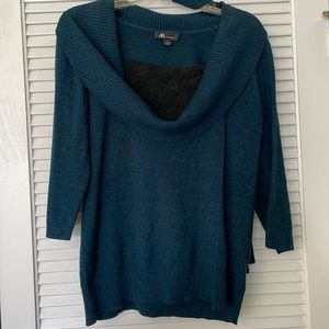 Light sweater L blue black cowl neck/black lace insert, belt, 3/4 sleeve